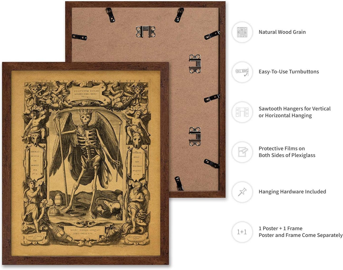 Poster Master Vintage Medieval Poster - Retro Gothic Print - Gift for Artist, Friend - Angel of Death, Memento Mori, Life, Skeleton, Dark - Wall Decor for Home, Living Room, 11x14 Brown Framed