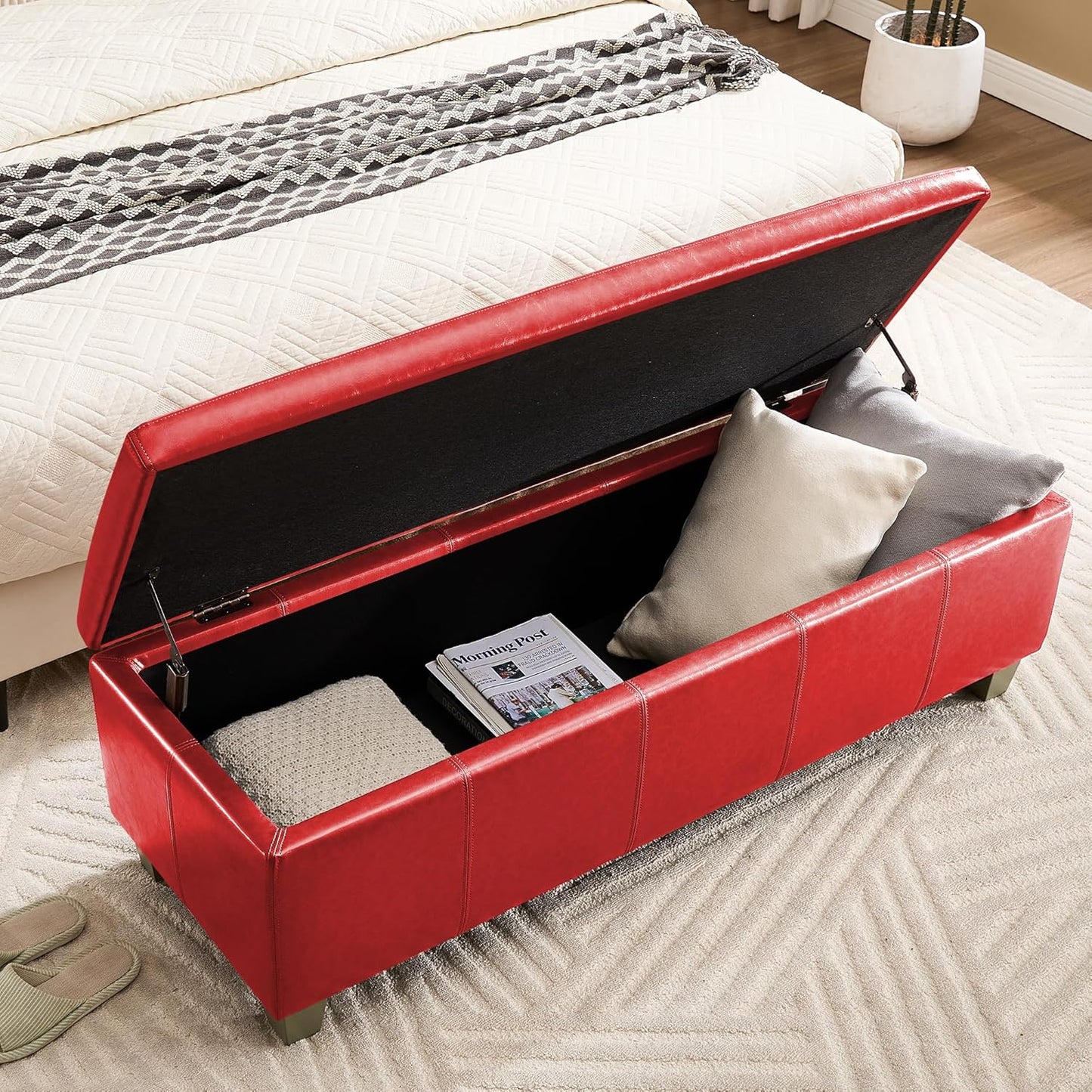 51" Faux Leather Storage Ottoman, Stitch Tufted Rectangle Upholstered End of Bed Storage Bench, Entryway Large Couch Ottoman with Wooden Legs,Red