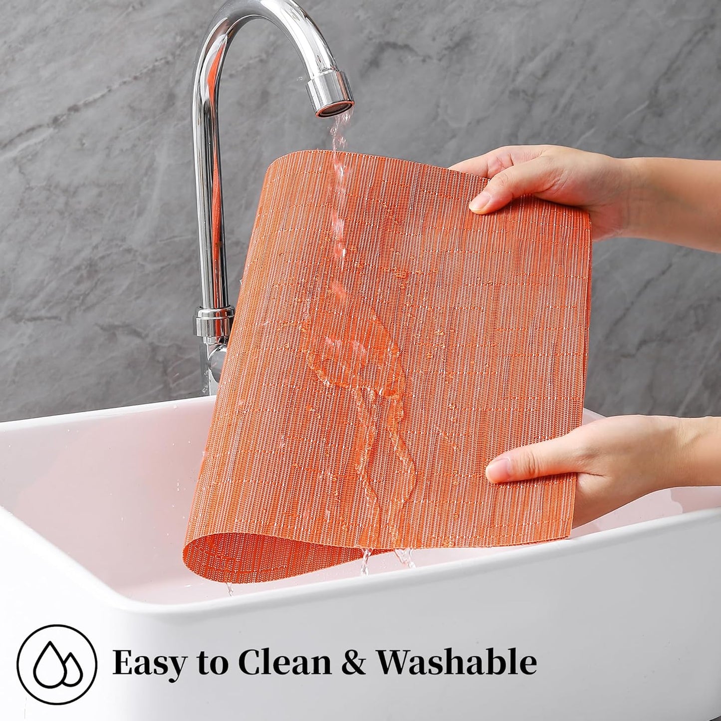 Leetaltree Orange Placemats Set of 4 - Heat Resistant Non-Slip Place mats for Dining Table, Washable Durable PVC Vinyl Woven Table Mats（Orange, 4）