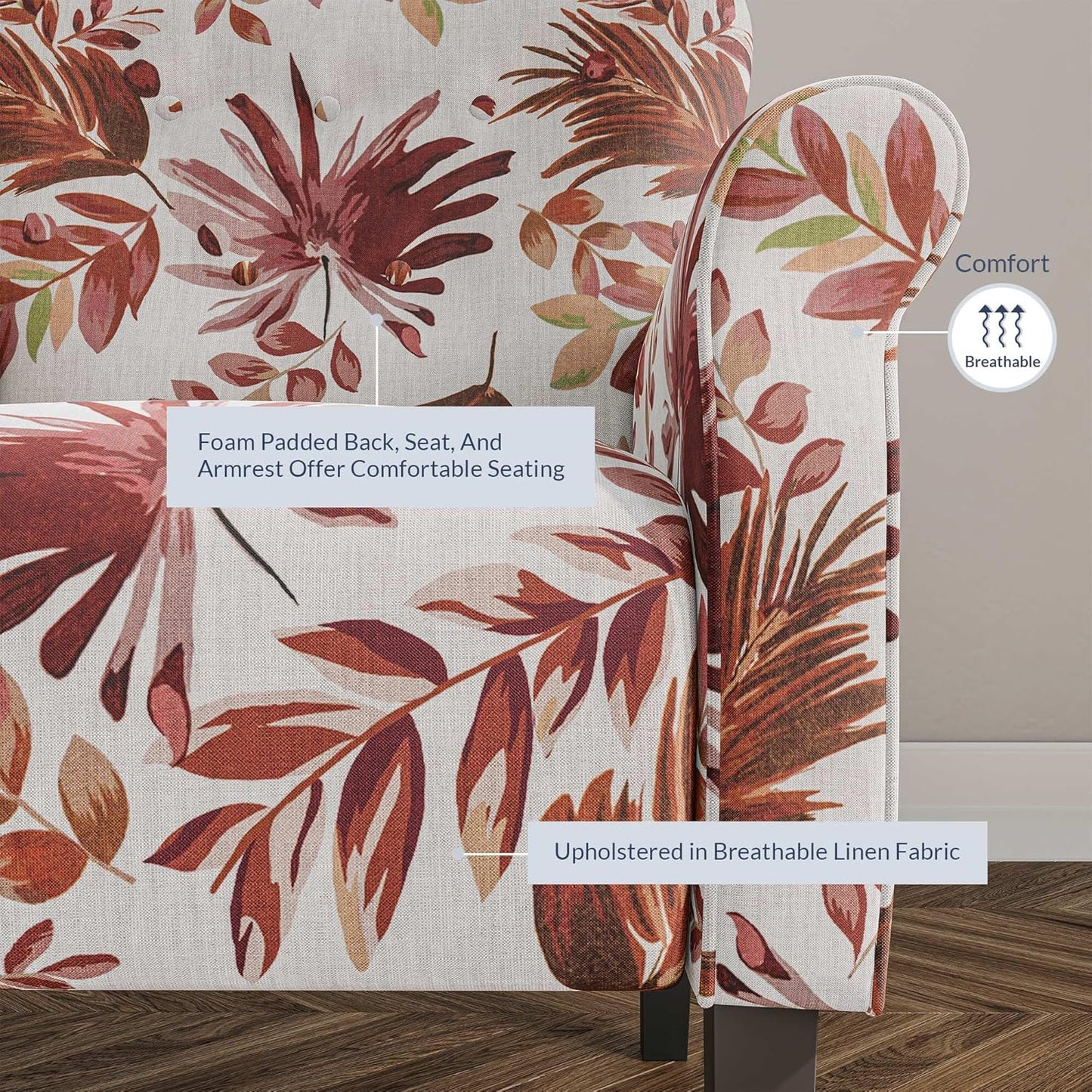 BELLEZE Modern Accent Chair for Living Room, High Back Floral Armchair with Wooden Legs, Upholstered Wingback Side Chair Padded Armrest Single Sofa for Living Room, Bedroom - Allston (Red Floral)