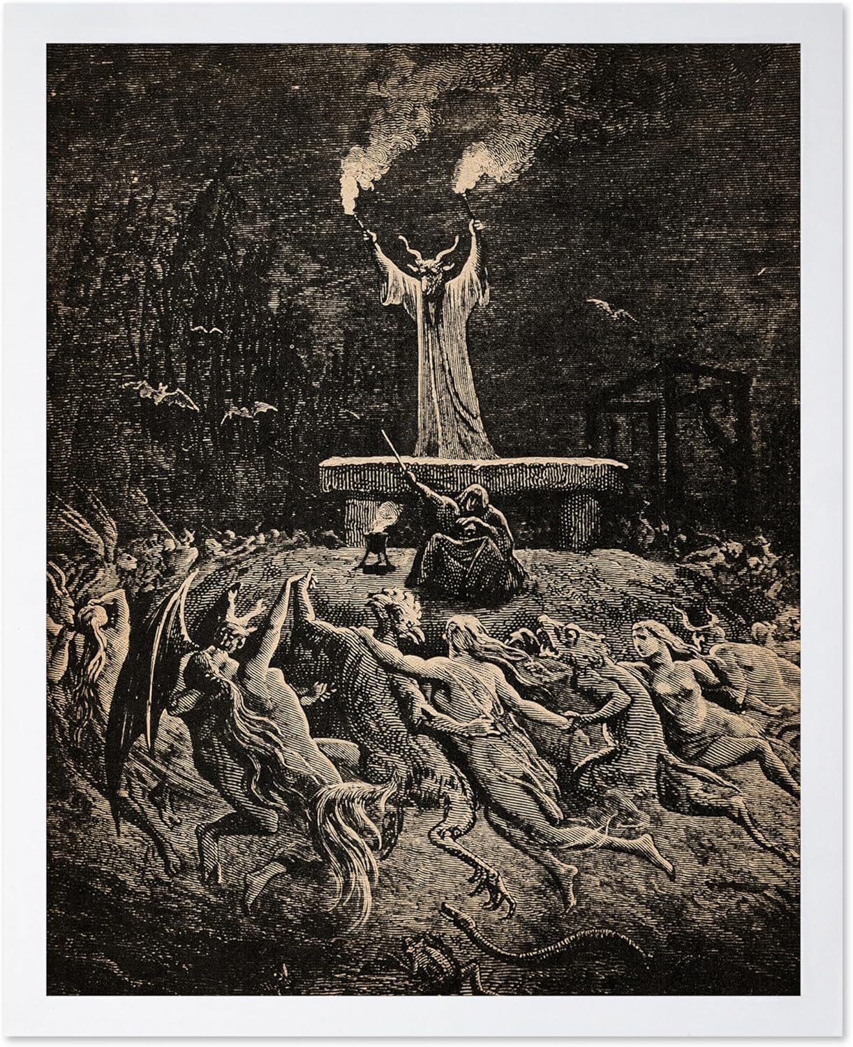 Poster Master Vintage Gustave Dore Poster - Retro Illustration Print - Gift for Gothic, Horror Fan - Dance of Sabbath, Witch, Magic, Spell - Wall Decor for Bedroom, Dorm, 8x10 White Framed