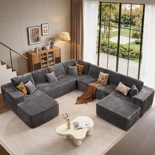 Cloud Sectional Couches for Living Room,G Shaped Modular Sofas No Assembly,135x133 Inches Plush Corduroy Oversized Floor Couch Set with Deep Seat Chaise,Grey