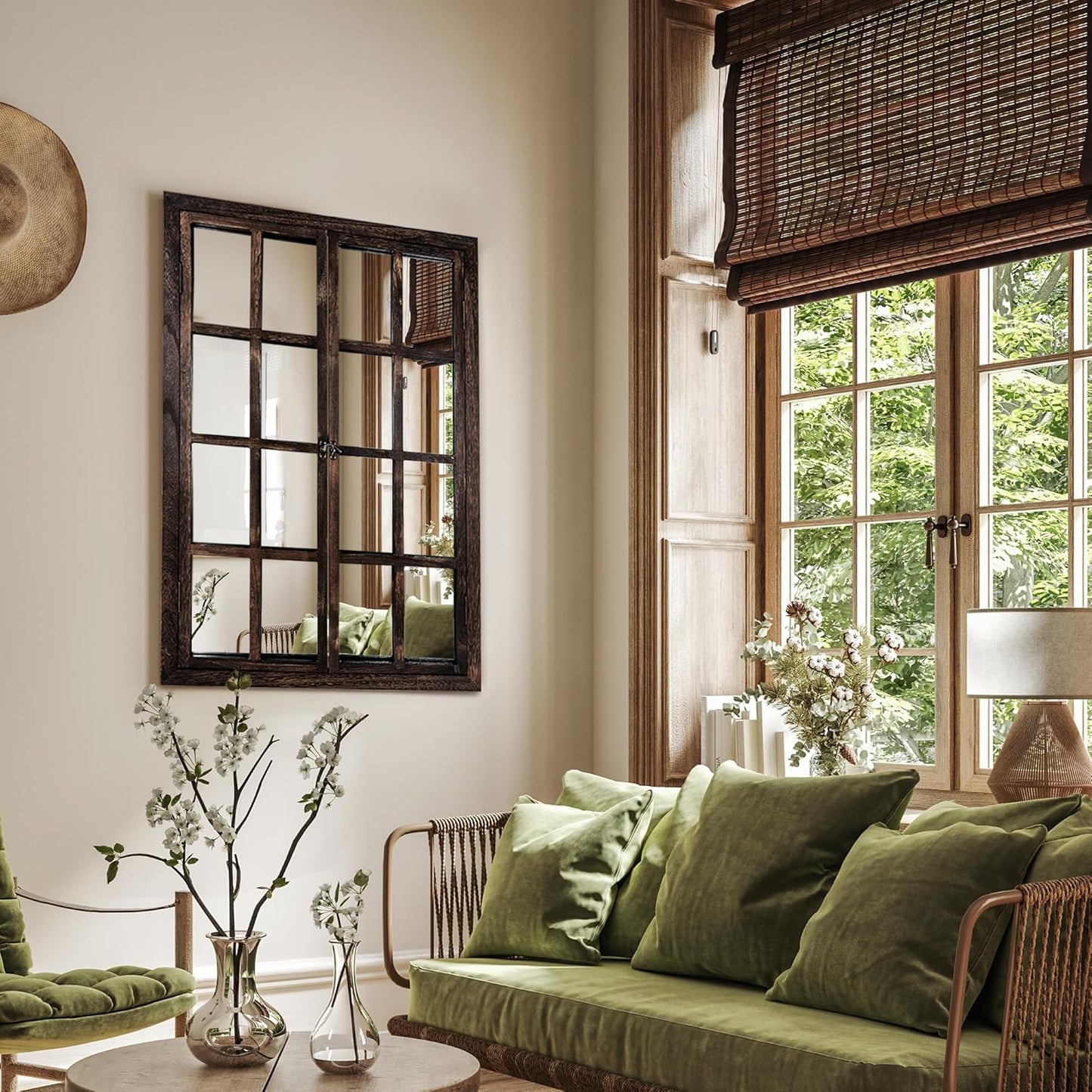 Wall Mirror with Window Design, 36"x24" Rustic Farmhouse Wood Mirror for Wall Decor, Decorative Vintage Mirror for Living Room, Bedroom, Entryway