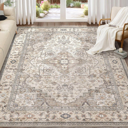 Washable Area Rugs for Living Room - 8x10 Neutral Vintage Distressed Floral Farmhouse Boho Large Soft Floor Rug Indoor Non Slip Carpet for Bedroom Dining Room Office - Brown/Multi