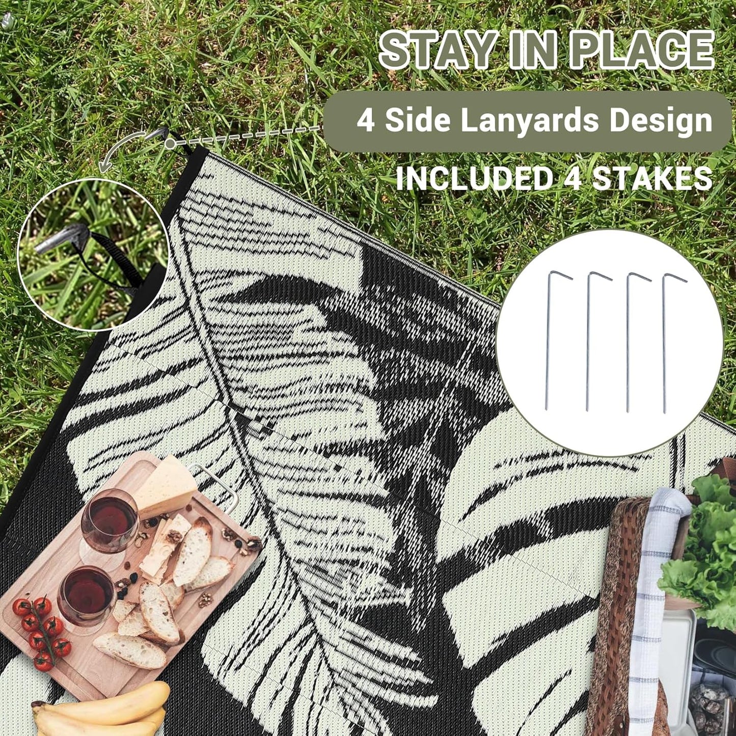 GAOMON Outdoor Rug Waterproof 9x18 Patio Rug Reversible Camping Mat, Foldable Portable Outdoor Plastic Straw Rugs RV Picnic Carpet with Bag & 4 Stakes, UV Resistant Outside Carpet for Deck Balcony