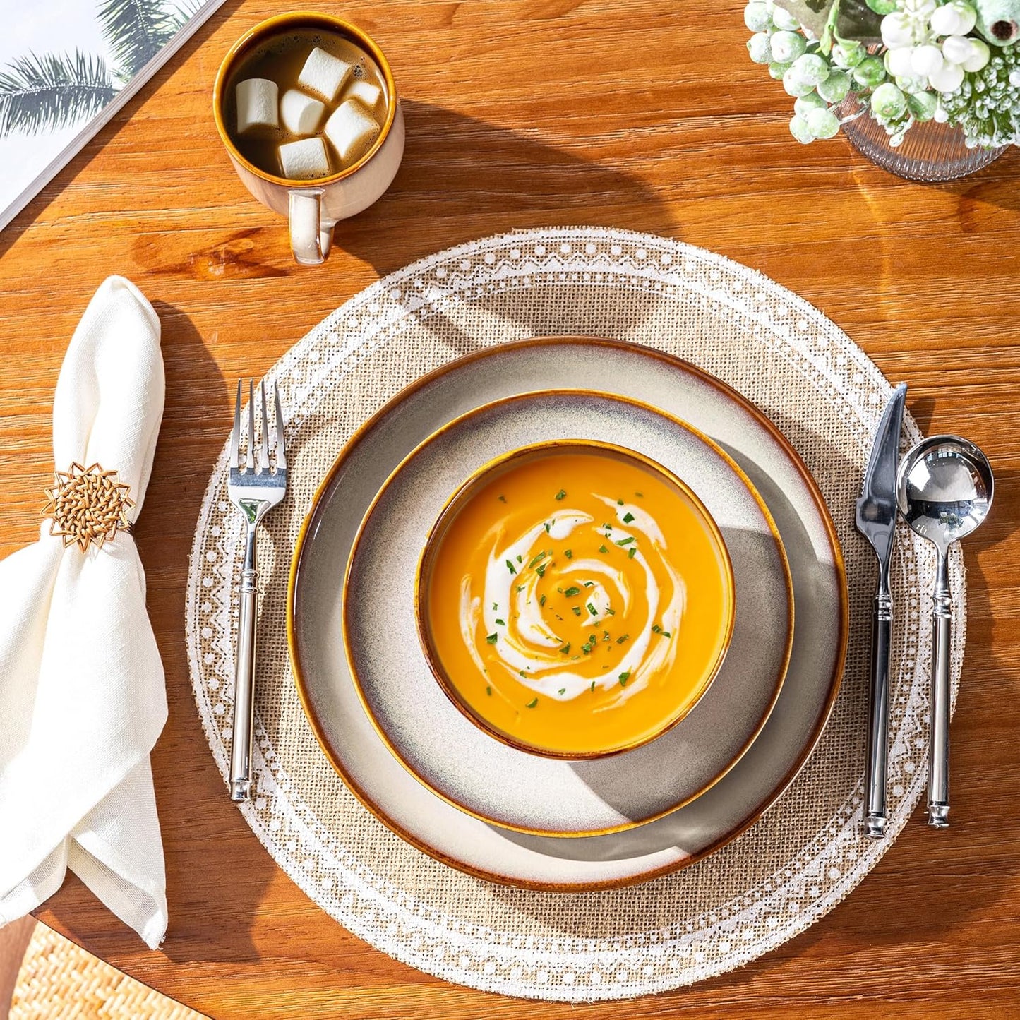 LERATIO Ceramic Dinnerware Sets for 4,16-Piece Reactive Glaze Plates and Bowls Set with Mugs,Highly Chip and Crack Resistant | Dishwasher,Microwave & Oven Safe Dishes set-Kahki