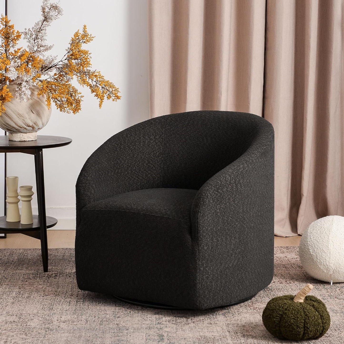 KINWELL 32" Wide Modern Boucle Swivel Barrel Chair, No Assembly Round Upholstered Swivel Accent Armchair for Living Room, Bedroom, Office (Black)