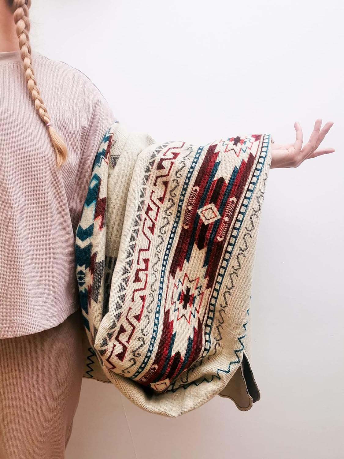 Inca Aztec Throw, Queen, King Blanket | Southwest Indian Navajo Boho Style | Native Cover for Camping, Bedding, Couch, Vanlife | Faux Alpaca, Lightweight, Hypoallergenic (Chimborazo Beige, Throw)