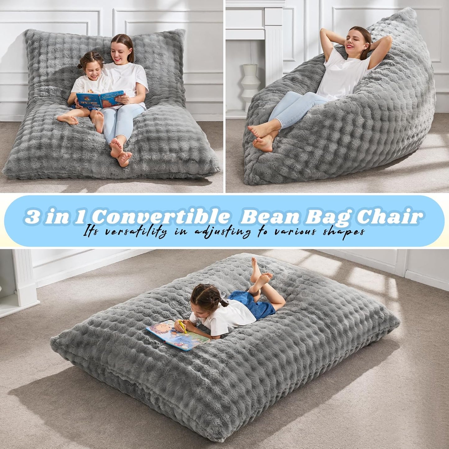 Hobestluk 3 in 1 Bean Bag Chair Giant Bean Bag Chairs for Adults with Bubble Cover Convertible Bean Bag Floor Cushion with Machine Washable Cover for Living Room (Bubble Grey)