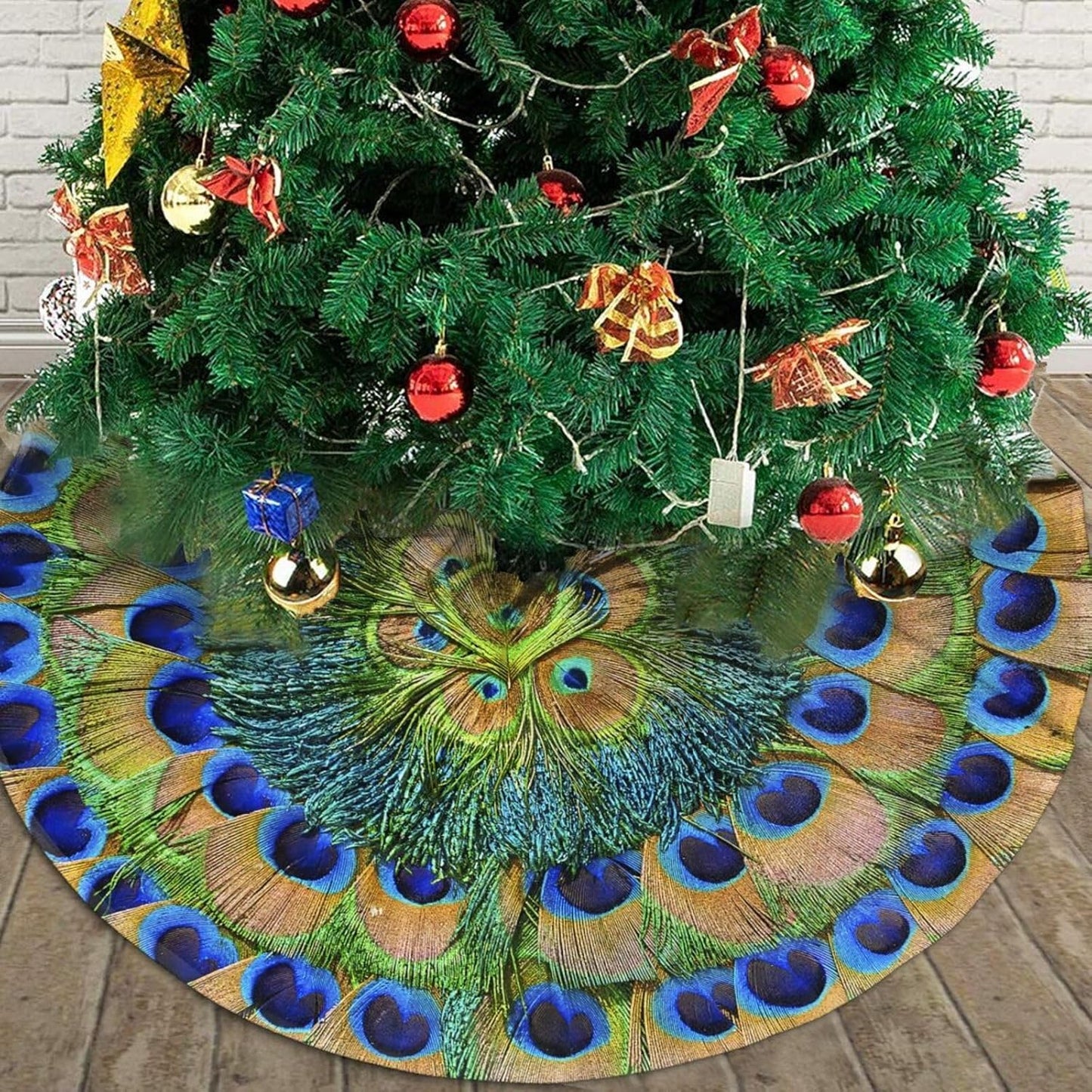 Christmas Tree Skirt,Peacock Feathers Circle Xmas Tree Skirt Rustic Farmhouse Tree Skirt for Christmas Decor Xmas Holiday Home Party Decorations36
