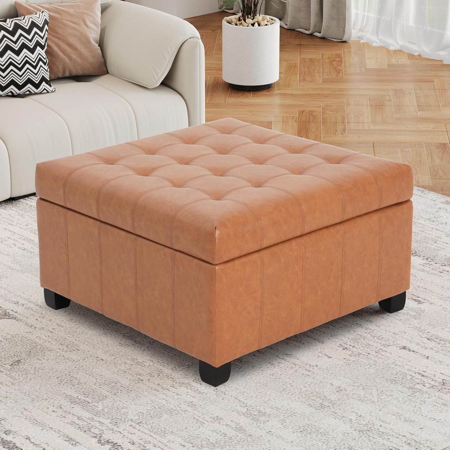 Christopher Knight Home Mervy PU Storage Ottoman with Button and Stitching, Faux Leather Indoor Upholstered Ottoman for Living Room Bedroom Home Office, Square Flip Top Foot Rest Bench, Light Brown
