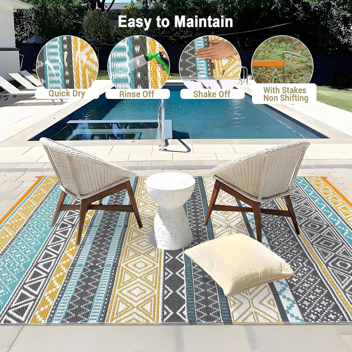 GAOMON Outdoor Plastic Straw Rug, 10'x20' Reversible Sage Green Patio Mat, Flower Modern Design for RV, Backyard, Deck, Camping, Picnic, Teal/Yellow(Bohemia)