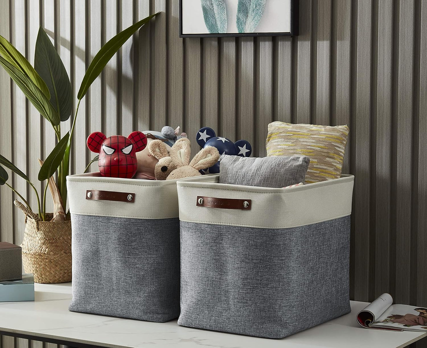 DECOMOMO Extra Large Storage Baskets 54.5L Fabric Storage Bins for Organizing Linen Closet, Toys, Nursery (Slate Grey and White, XXXL - 3 pack)