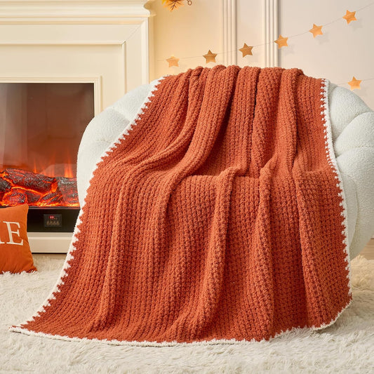 Snuggle Sac Orange Waffle Throw Blanket for Couch Bed Sofa 50x60 inches, Reversible Blanket Microfiber Fluffy Fuzzy Cozy Knit Soft Throws for Women Mothers Birthday Gifts