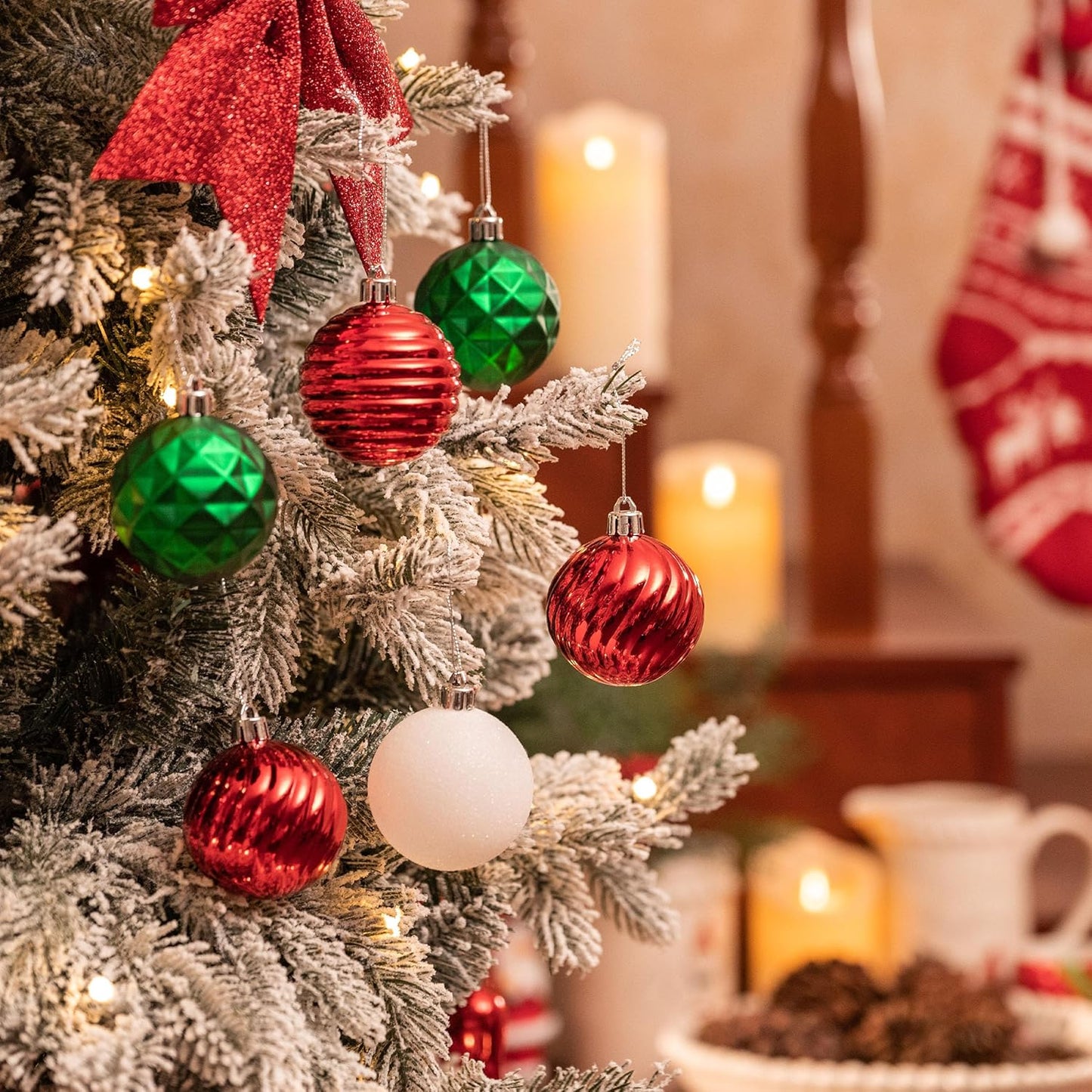 Valery Madelyn Christmas Ornaments Tree Decorations Set for Fall Halloween, 24ct Red Green White Shatterproof Ball Ornaments, 2.36" Hanging Ornament Bulk for Xmas Holiday Party Decor