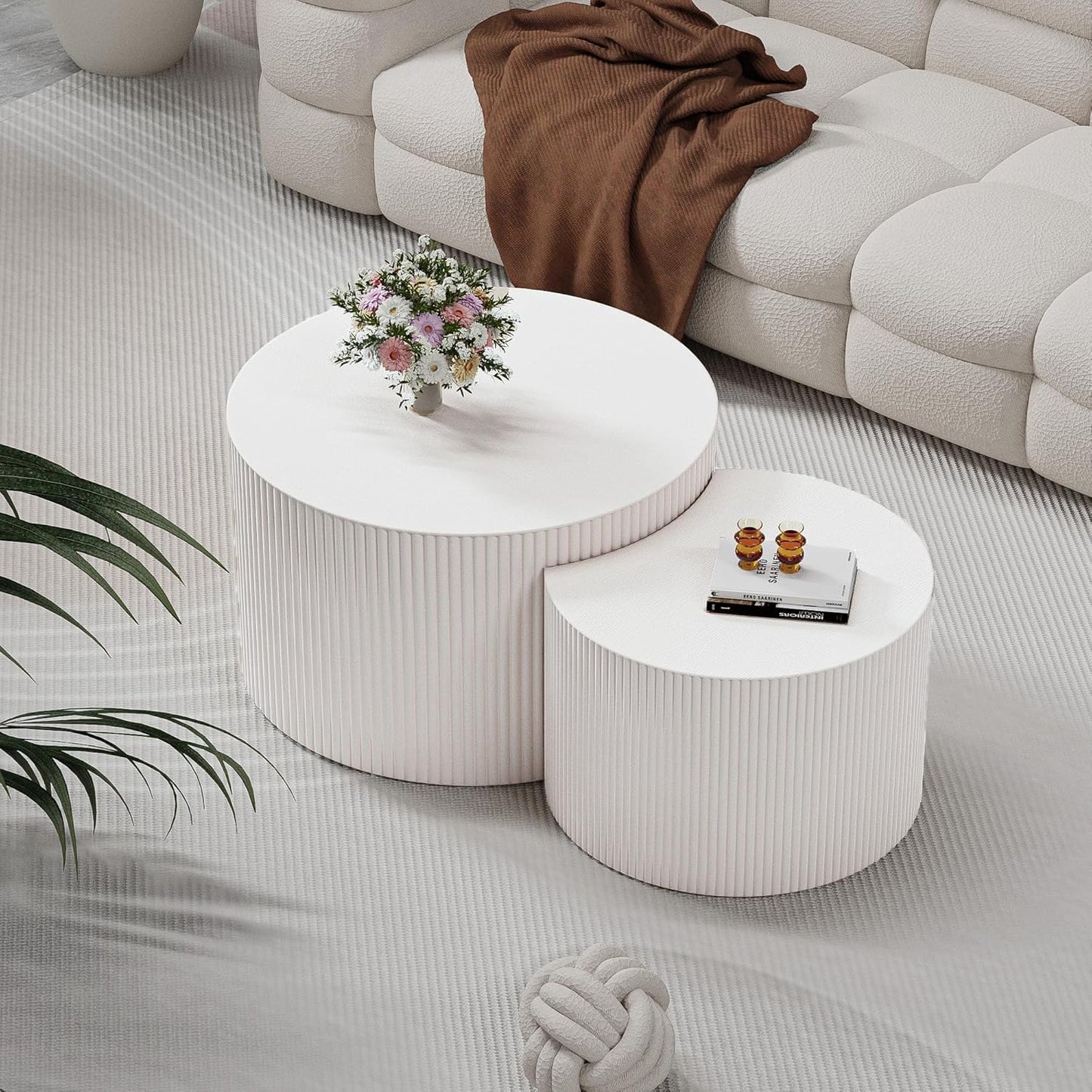 WXFKLDJ Round Nesting Coffee Table Set Cylindrical Wooden Coffee Table Sofa Center Table Circle Embossed Design Side Table for Living Room Apartment No Assembly (C-Shaped Small)
