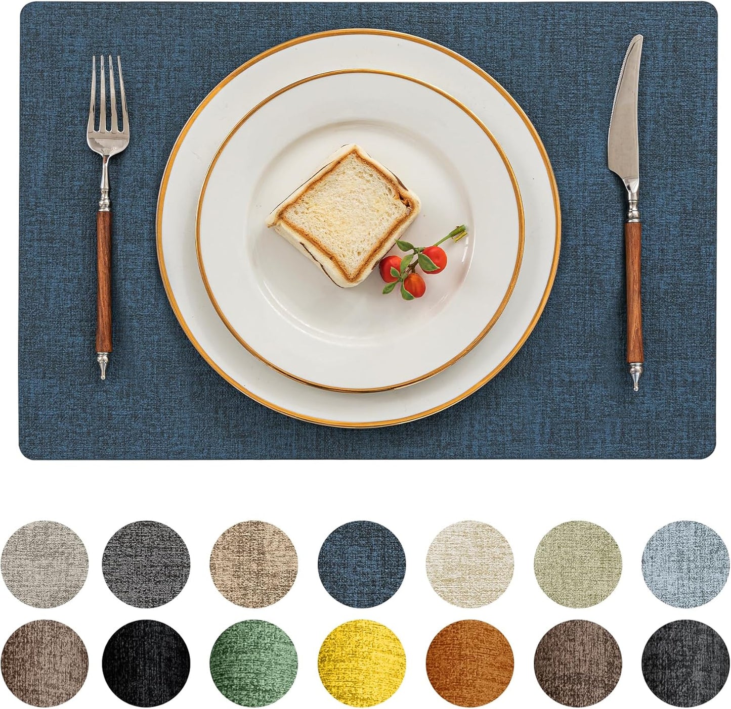 Romanstile Vinyl Placemats Set of 12-12 X 18 Inch - Heat Resistant Place Mats 100% Waterproof Oilproof Wipeable Reversible Faux Leather Table Mats for Kitchen/Dining/Party/Outdoor, Navy Blue