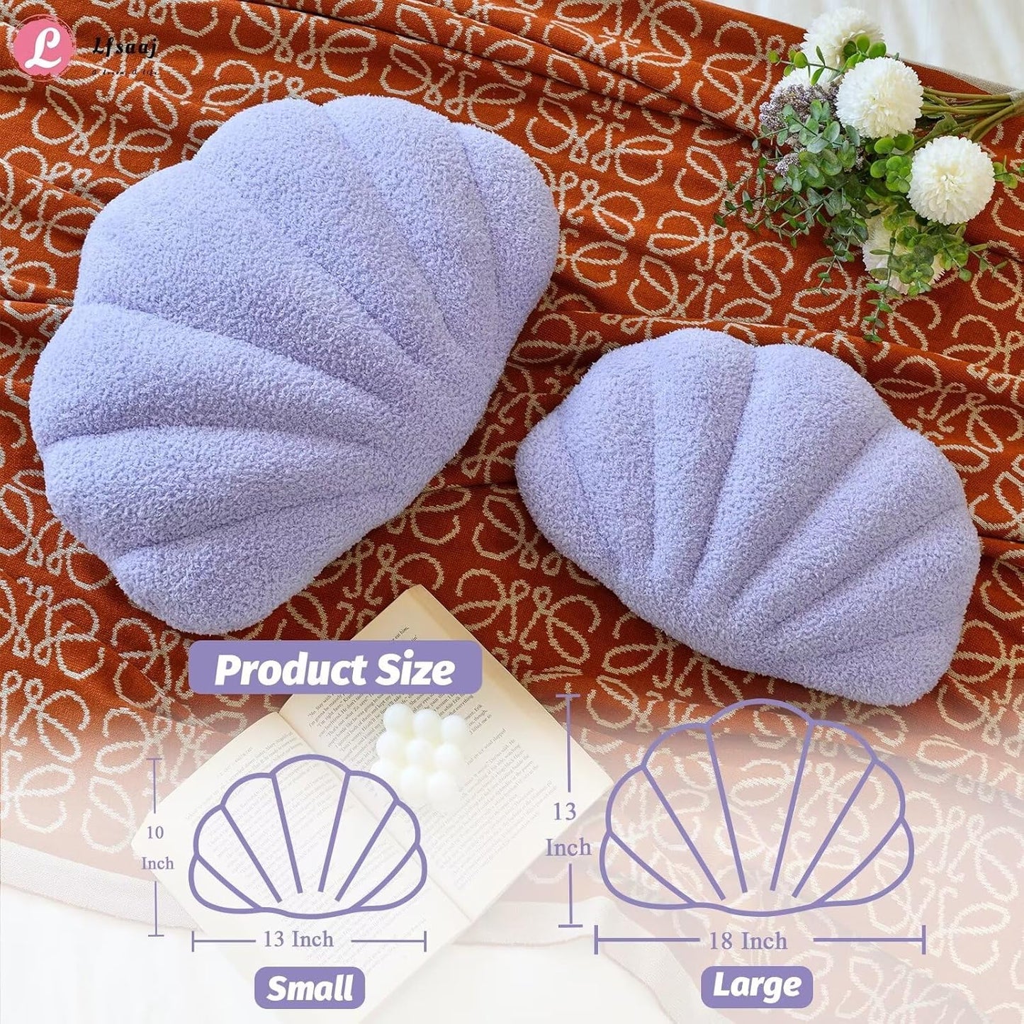 Lavender Seashell Throw Pillows, Shell Shaped Throw Pillows, 13 Inch Soft Home Decorative Pillow Plush Cushion for Bed Couch Living Sofa Room Decor Accent Throw Pillow