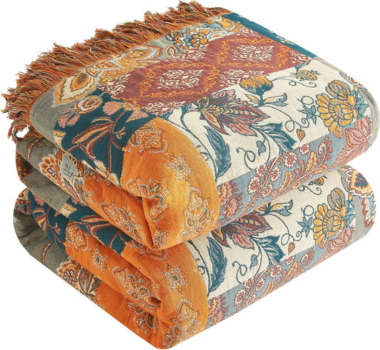 Boho Throw Blanket for Bed 80”x90”, 100% Cotton Woven Blanket for Couch Sofa, Ultra Soft 4-Layer Muslin Quilt with Patchwork Floral Printed, Farmhouse Bed Blanket/Cover for Living Room Decor