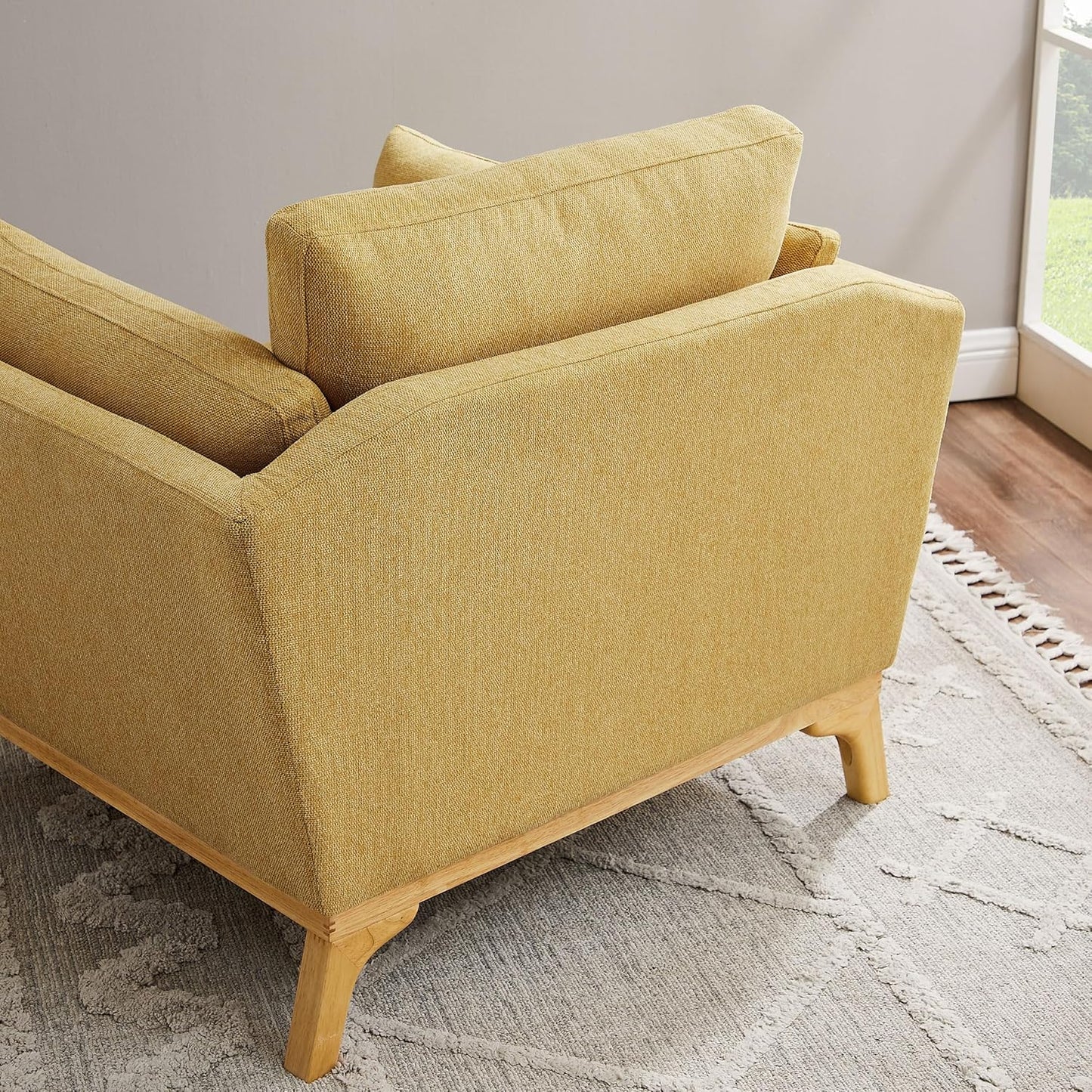 Large-Sized Accent Chair, Thick Cushion Bedroom Reading Chair, Comfortable Living Room Single Sofa, Linen Yellow