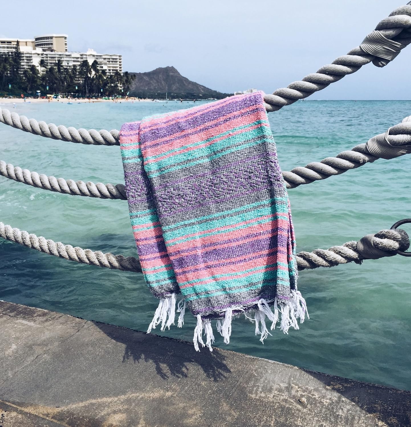 Del Mex Classic Mexican Blanket, Large Authentic Woven Falsa Throw (70"x50"), Artisan Southwest Décor for Beach, Yoga, Outdoors (Mint/Pink/Gray)