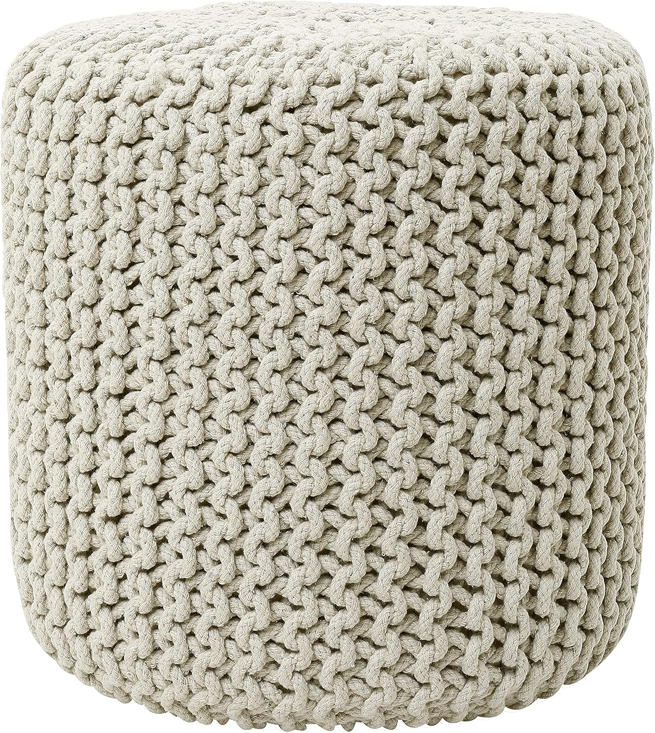 REDEARTH Cylindrical Hand Knitted Pouf - Foot Stool Ottoman - Cord Boho Pouffe - Cotton Round Poof for Home Decor - Living Room - Nursery - Bedroom - Patio (16" x 16" x 16") - Ivory