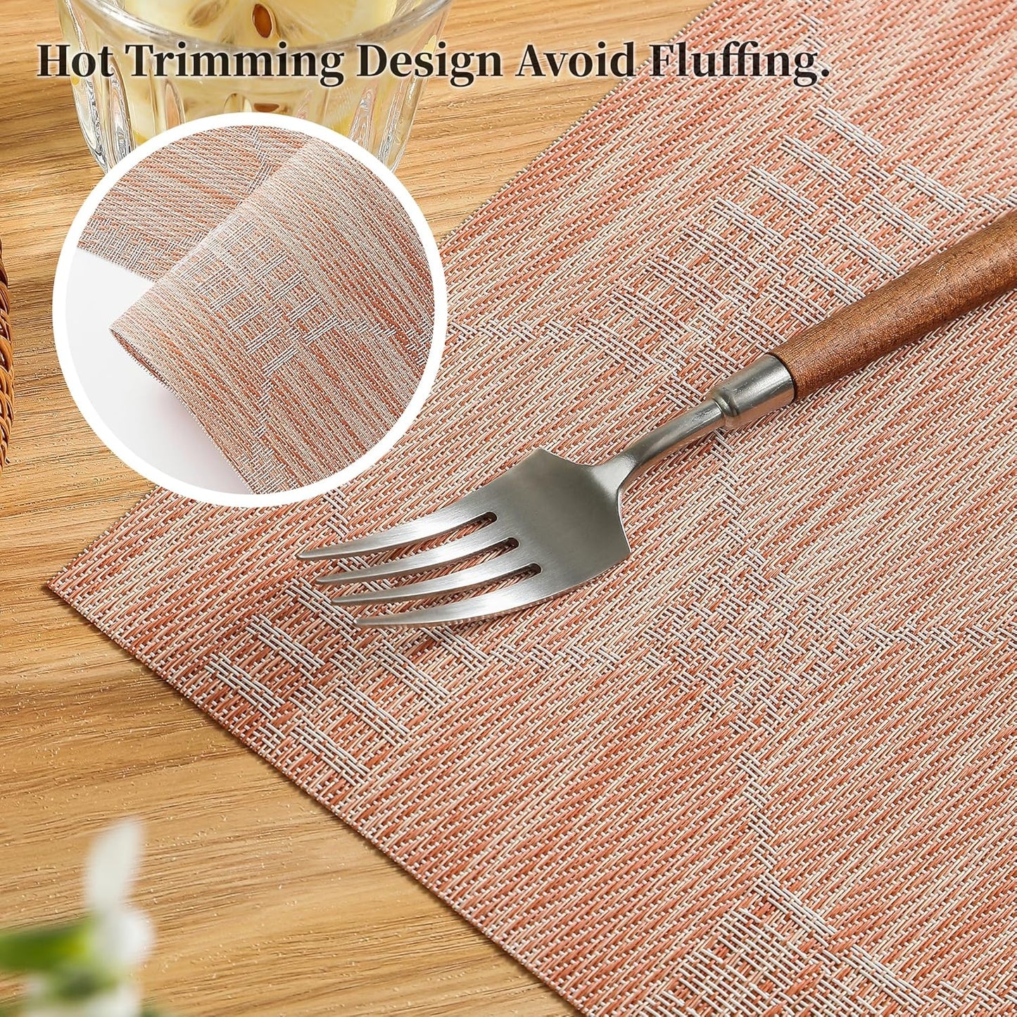 Leetaltree Coral Placemats Set of 6 - Heat Resistant Non-Slip Place mats for Dining Table, Washable Durable PVC Vinyl Woven Table Mats（Coral, 6）