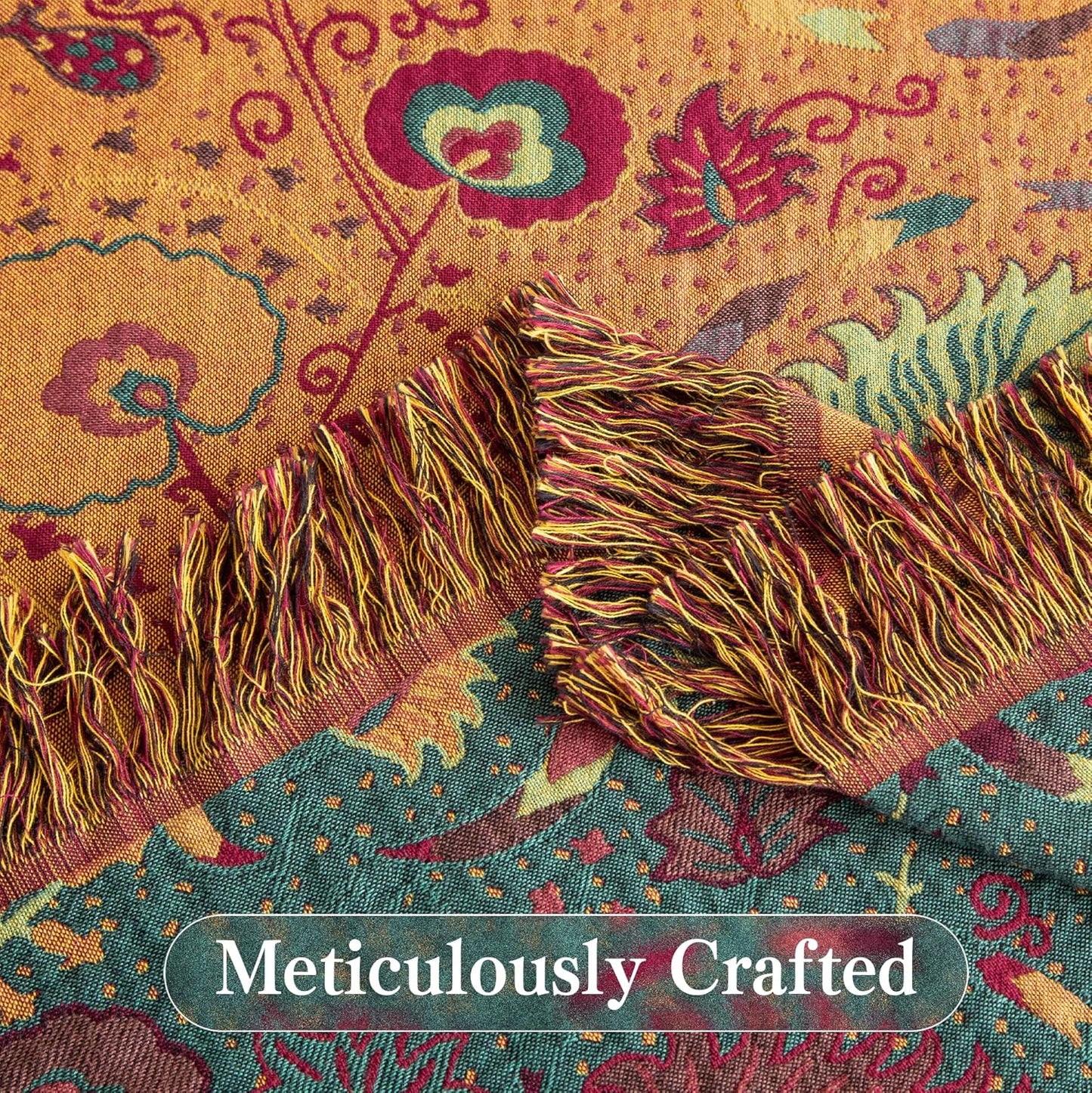 Boho Throw Blanket Twin Size, Soft Cozy Cotton Muslin Quilt Blanket for Bed Decor, Floral Patterned Couch Sofa Chair Cover, Vintage Farmhouse Cottage Tapestry Woven Blanket, Green&Orange