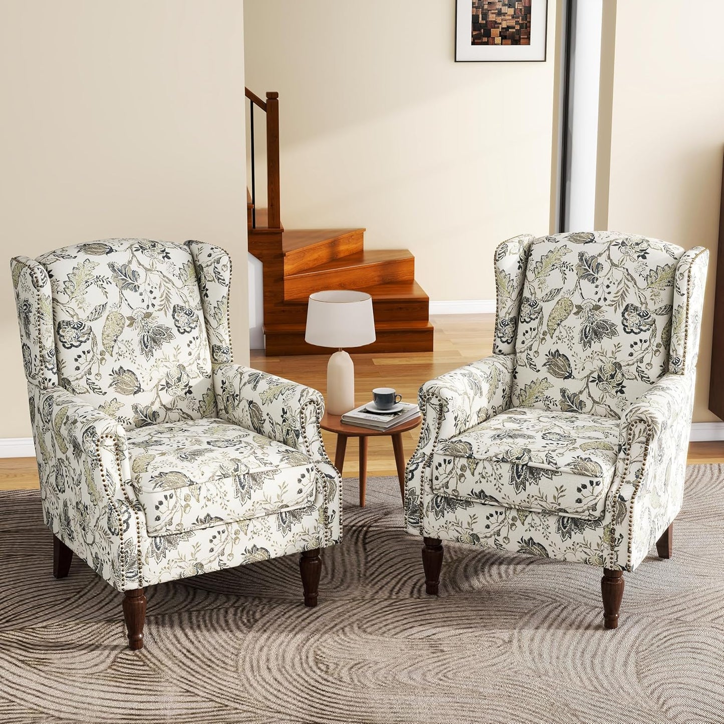 UIXE High Back Floral Accent Chairs Set of 2, Upholstered Armchair in Fabric, Retro Printed Wingback Arm Chair for Living Room, Nailhead Trim Single Sofa Bedroom Reading Seat - Plants Beige