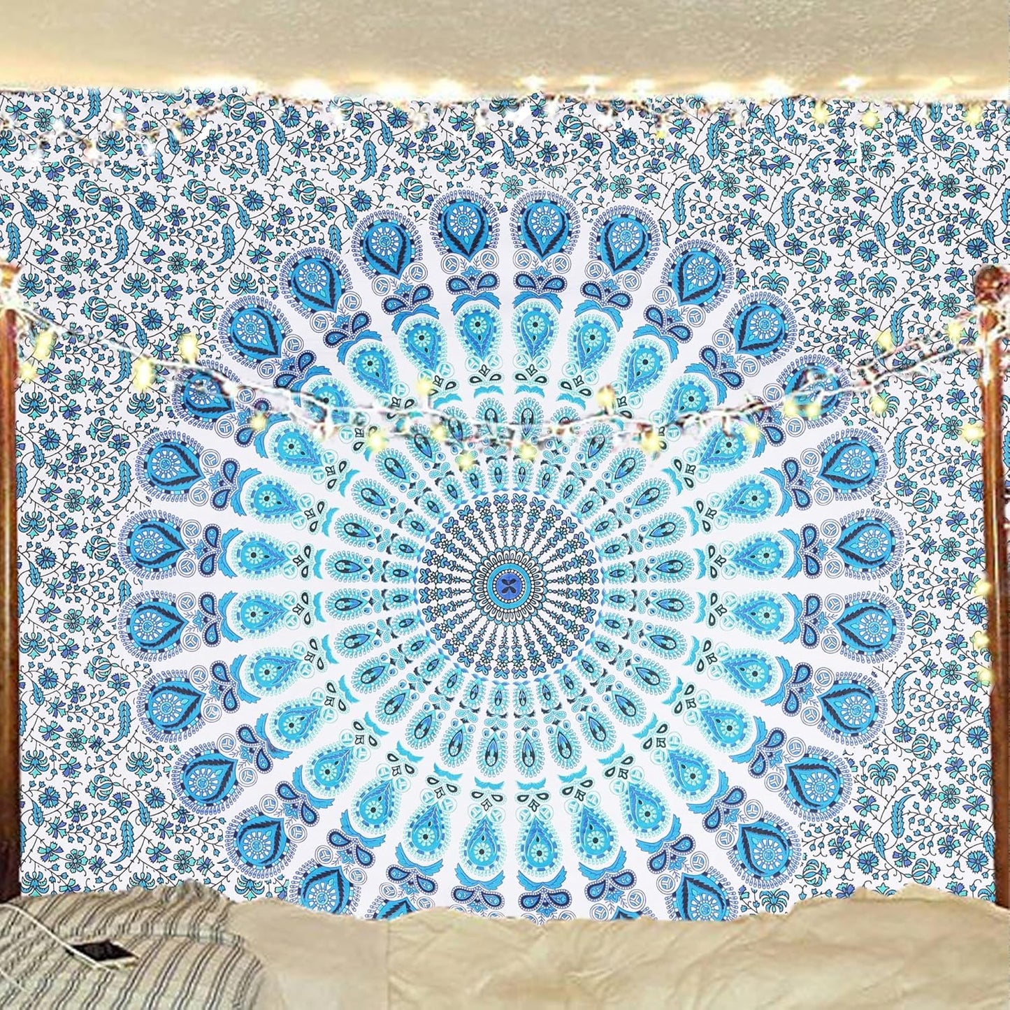 Bless International Handmade Indian hippie Bohemian Psychedelic Peacock Mandala Wall hanging College Dorm Beach Throws Table Cloth Bedding Tapestry (Peacock Sky Blue, Poster(30x40Inches)(76x101cms))