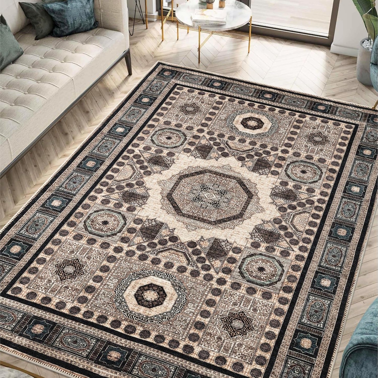 Keen Home Design 6x9 Rug - Machine Washable Area Rug with Non-Slip Backing, Ideal for Living Room, Dining Room, Bedroom - Vintage, Easy Clean, Durable, Low Pile Rug - (6' x 9')