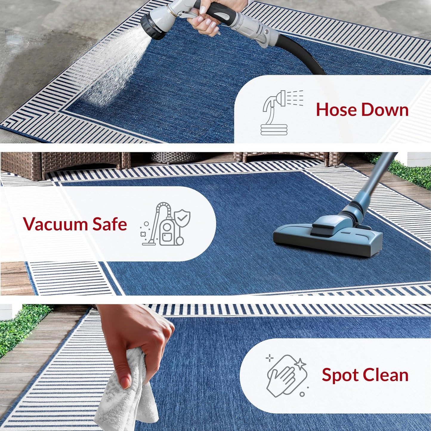 nuLOOM 6' 7" x 9' Outdoor Area Rug, Casual Design With Striped Border, Stain Resistant, Highly Durable, For Patio, Balcony, Bedroom, Living Room, Dining Room, Bathroom, Navy