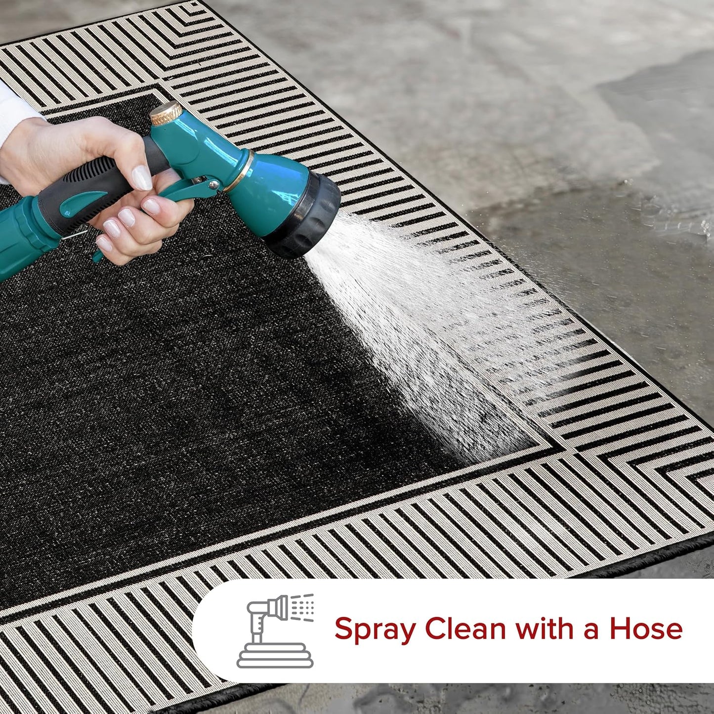 nuLOOM 9'6" x 12' Outdoor Area Rug, Casual Design With Striped Border, Stain Resistant, Highly Durable, For Patio, Balcony, Bedroom, Living Room, Dining Room, Bathroom, Black