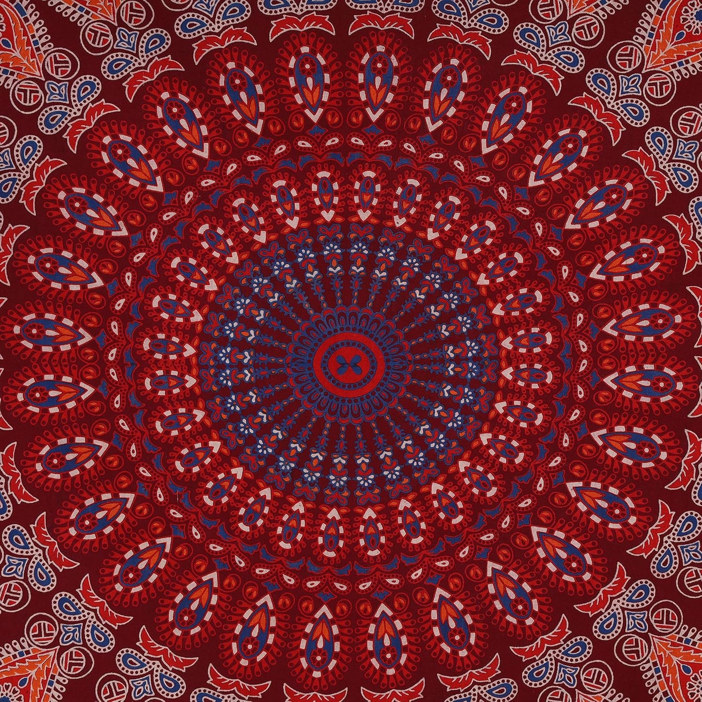 Bless International Handmade Indian hippie Bohemian Psychedelic Peacock Mandala Wall hanging College Dorm Beach Throws Table Cloth Bedding Tapestry (Blue Red, Twin(54x72Inches)(140x185cms))
