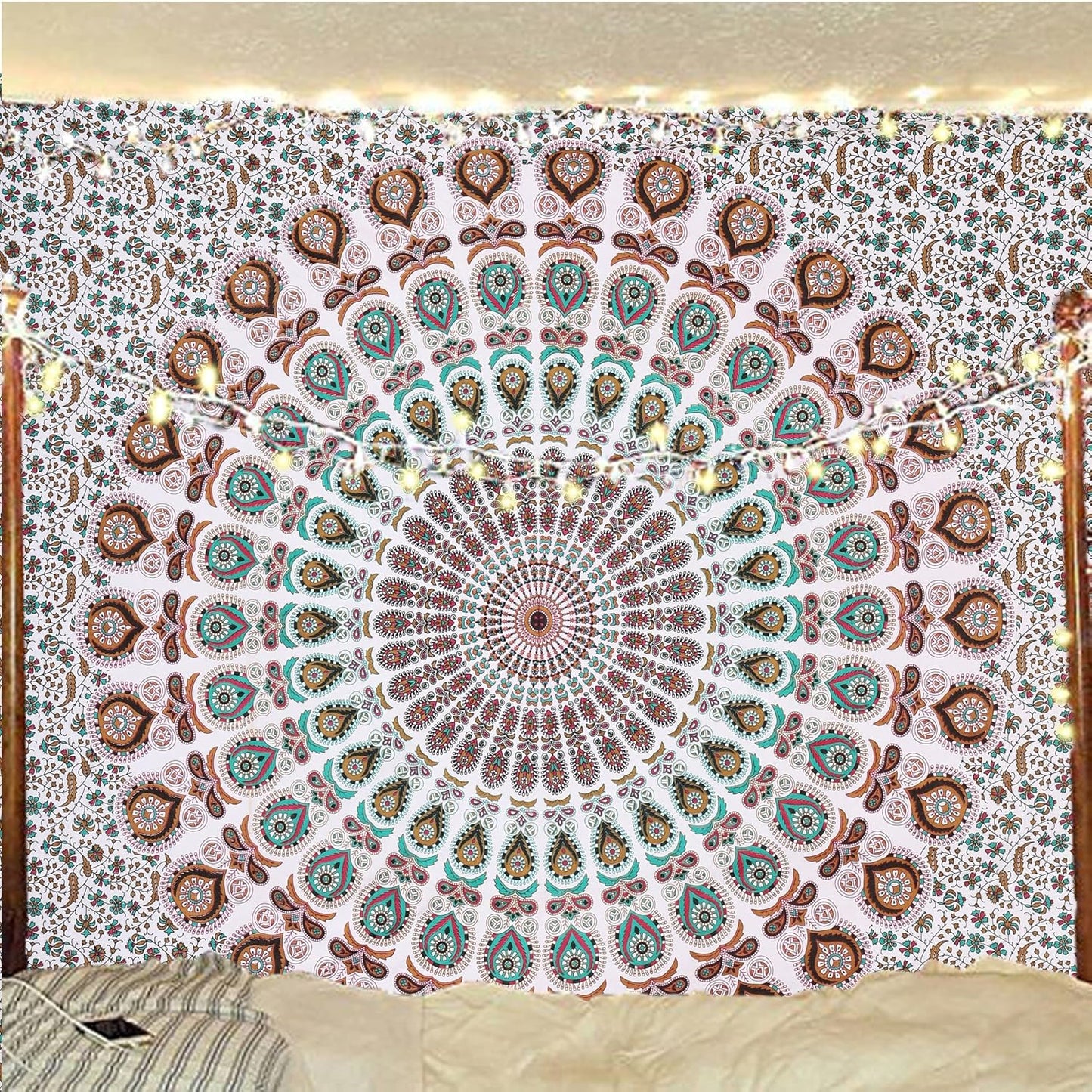 Bless International Handmade Indian hippie Bohemian Psychedelic Peacock Mandala Wall hanging College Dorm Beach Throws Table Cloth Bedding Tapestry (Floral Gold, King(88x104Inches)(225x265Cms))