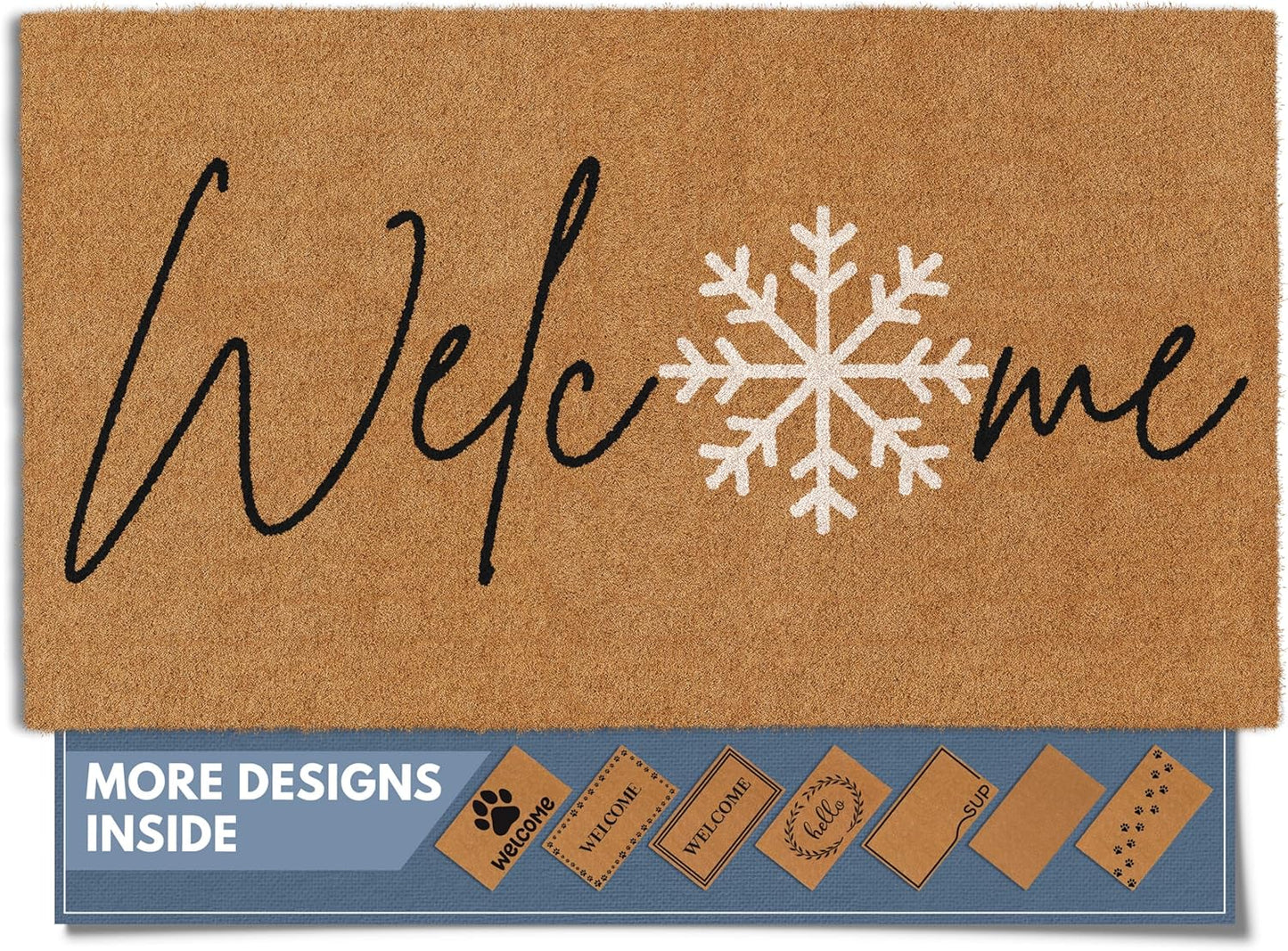 Barnyard Designs Natural Coco Coir Christmas Doormat - Large Cute Non-Slip Heavy Duty Backing Door Mat for Outside Entrance or Porch Entry, Brown (17x30, Winter Snowflake)