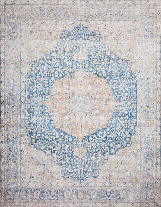 Loloi Layla Collection LAY-07 Blue/Tangerine 7'-6" x 9'-6" .13" Thick Area Rug, Soft, Durable, Vintage Inspired, Distressed, Low Pile, Non-Shedding, Easy Clean, Printed, Living Room Rug