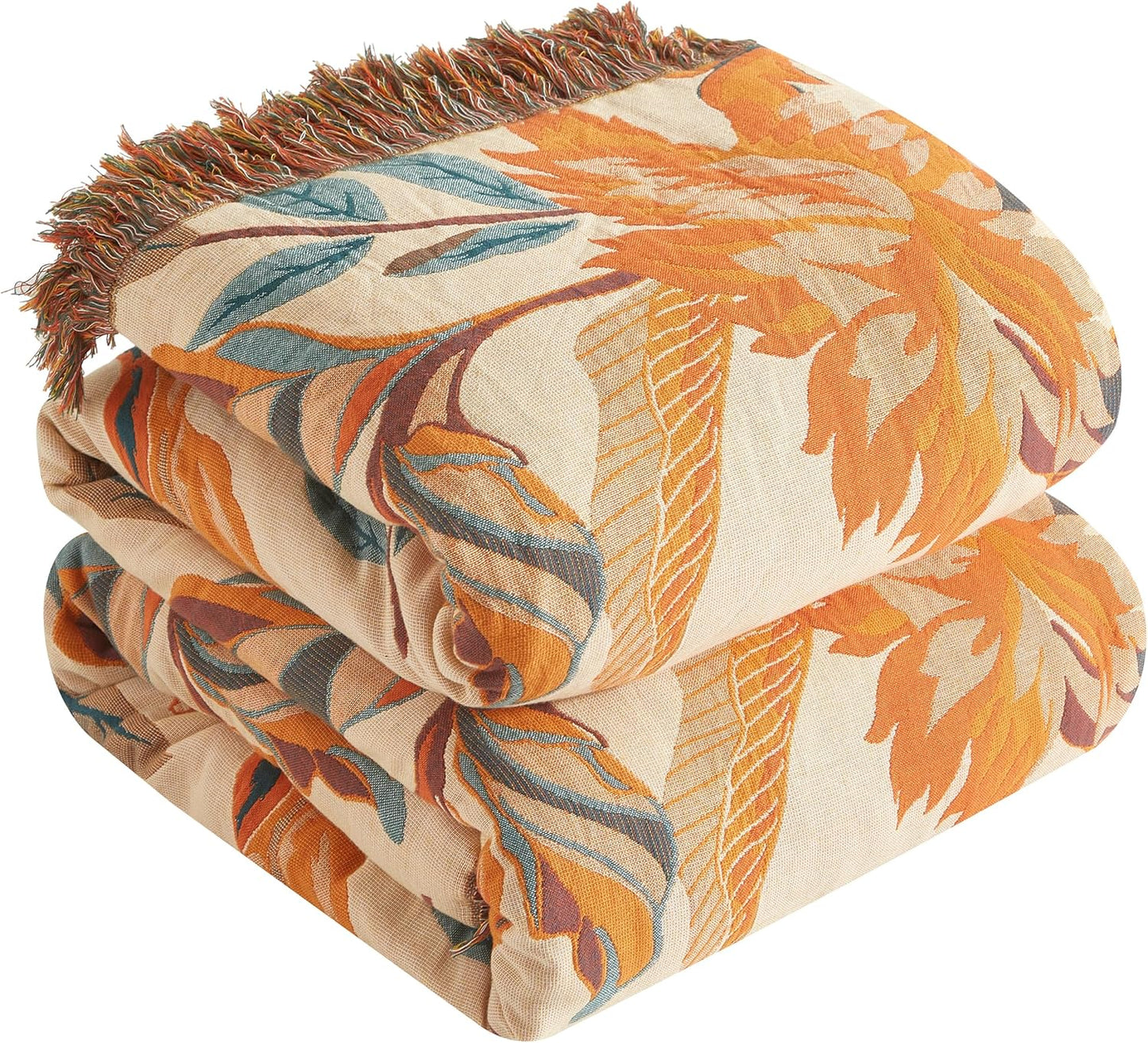 Boho Throw Blanket for Bed 80”x90”, 100% Cotton Woven Blanket for Couch Sofa, Ultra Soft 4-Layer Muslin Quilt with Floral Printed, Farmhouse Bed Blanket/Cover for Living Room Decor