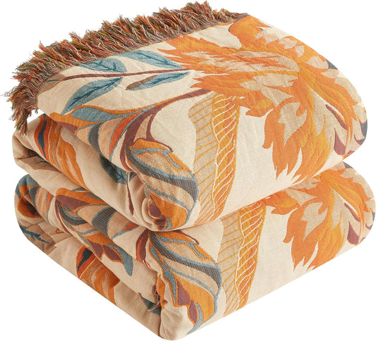 Boho Throw Blanket for Bed 80”x90”, 100% Cotton Woven Blanket for Couch Sofa, Ultra Soft 4-Layer Muslin Quilt with Floral Printed, Farmhouse Bed Blanket/Cover for Living Room Decor