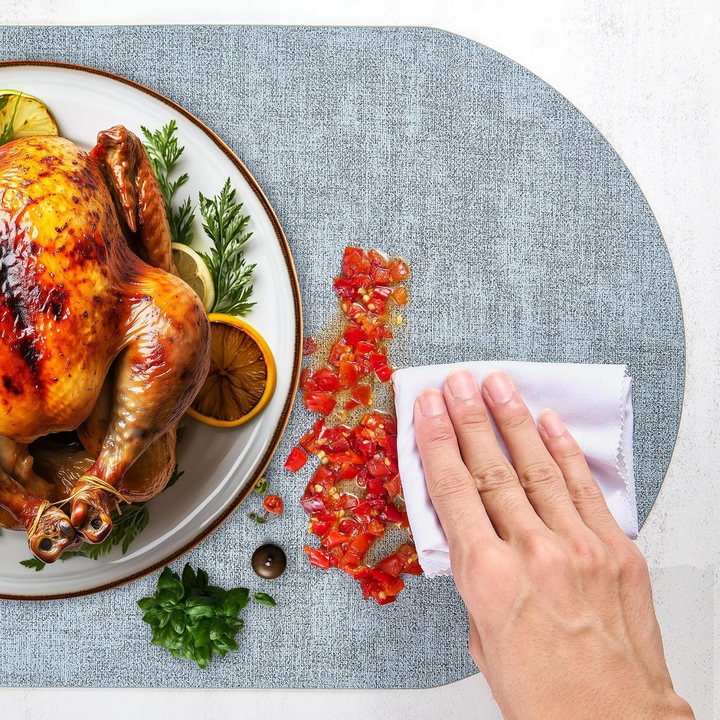 DOLOPL Large Placemats Set of 6, Oval Reversible Wipeable & Non-Slip Place Mats, Modern Faux Leather Table Mats for Kitchen, Neutral Tablemats for Dining Table Decor, Wedding, Party(Dusty Blue)