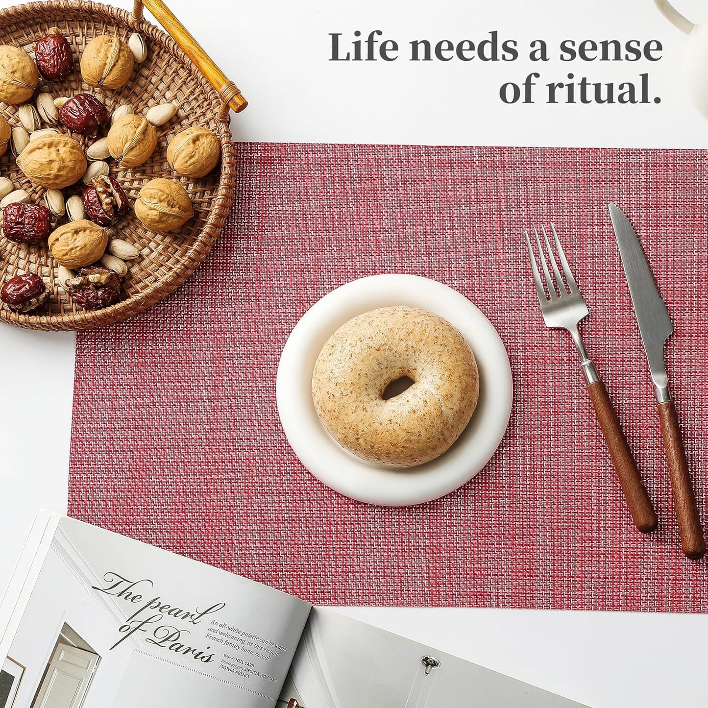 Leetaltree Red Placemats Set of 6 - Heat Resistant Non-Slip Place mats for Dining Table, Washable Durable PVC Vinyl Woven Table Mats（Red, 6）