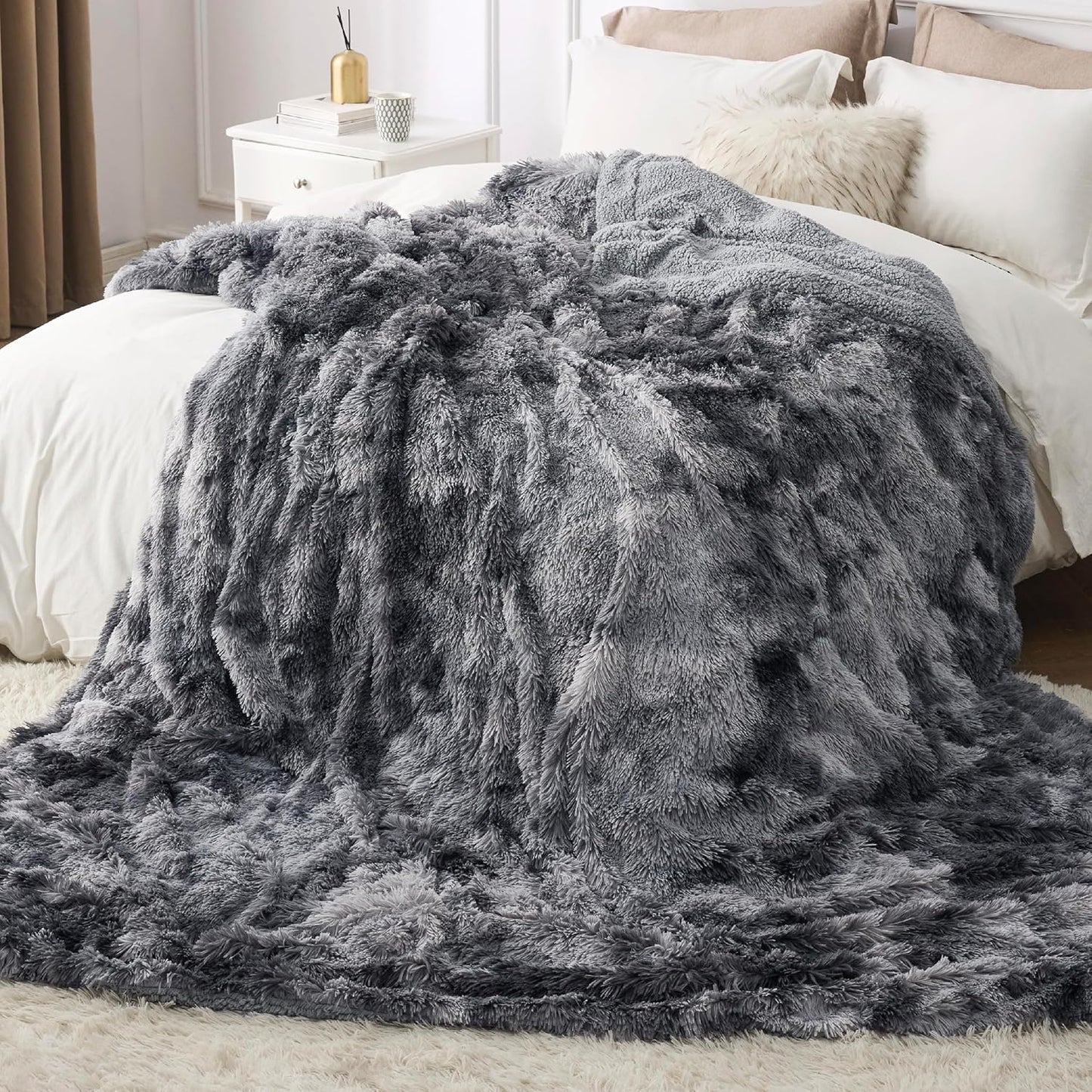 Bedsure GentleSoft Fluffy King Size Blanket for Bed, Faux Fur Fuzzy Minky Couture Warm Blanket for Winter, Thick Plush Sherpa Fleece Oversized Giant Bedding Cozy Gifts for Room, 108x90, Tie Dye Grey