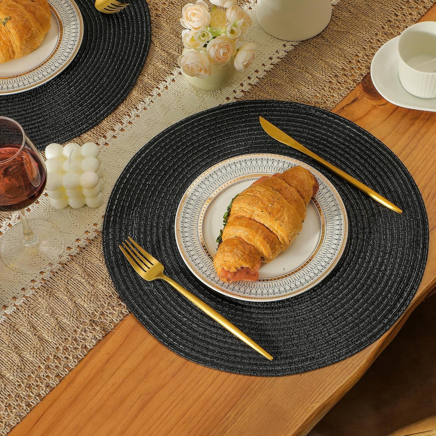 Leetaltree Round Placemats Heat and Slip Resistant Cotton Table Mats, Washable Bohemian Placemats for Dining Tables (Black, Set of 4)