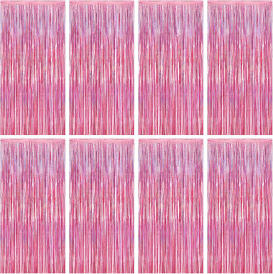 8 Pack Pink Backdrop, 3.28 FT x 7.05 FT Fringe Curtains, Metallic Glitter Pink Fringe Party Streamer Foil Curtains Tinsel Backdrop, Pink Decorations Bachelorette Party Supplies Birthday Decor