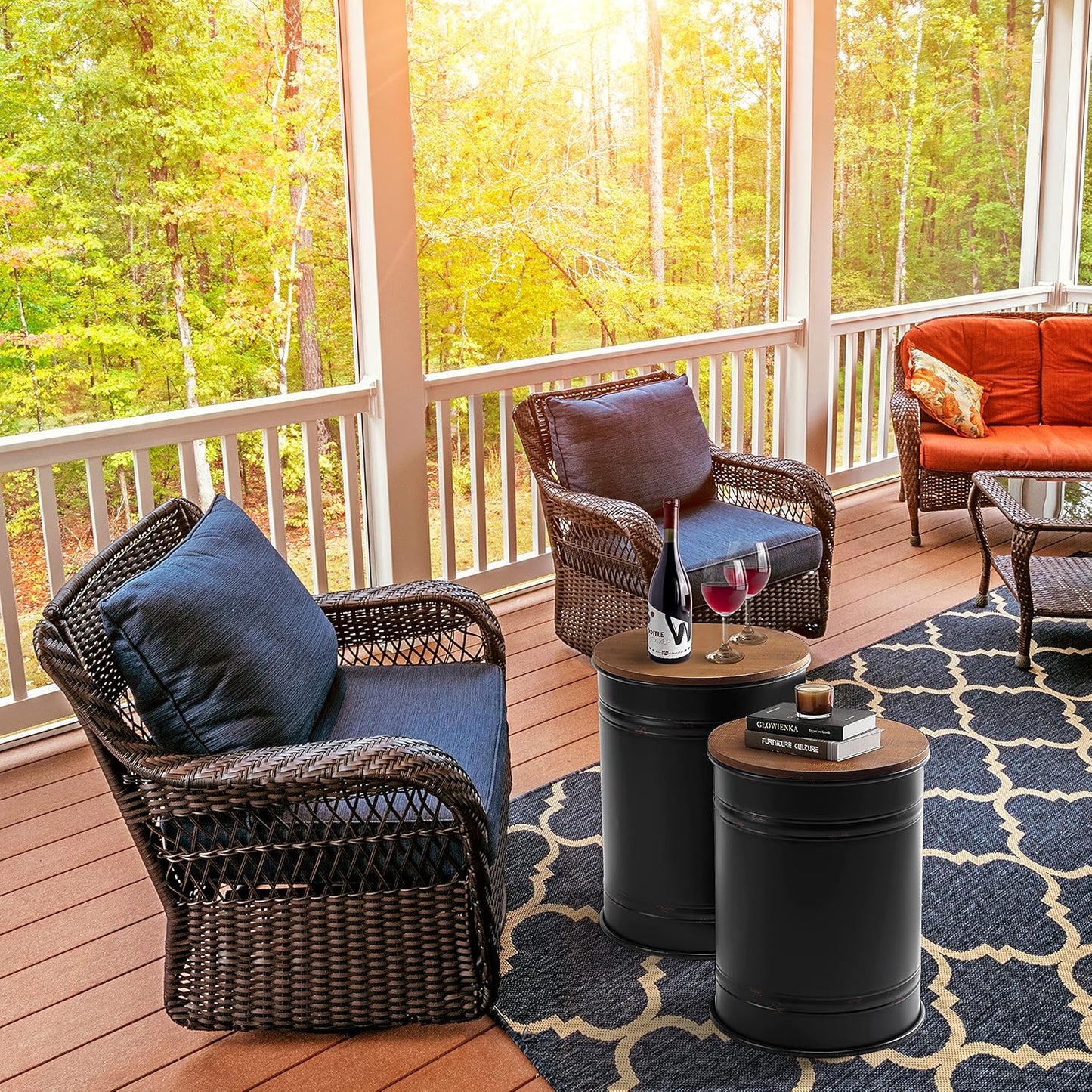 Rustic Storage Ottoman Seat Stool, Farmhouse Accent Side Table, Antique Galvanized Metal End Table Box Bin with Round Wooden Lid Set of 2 (Black)