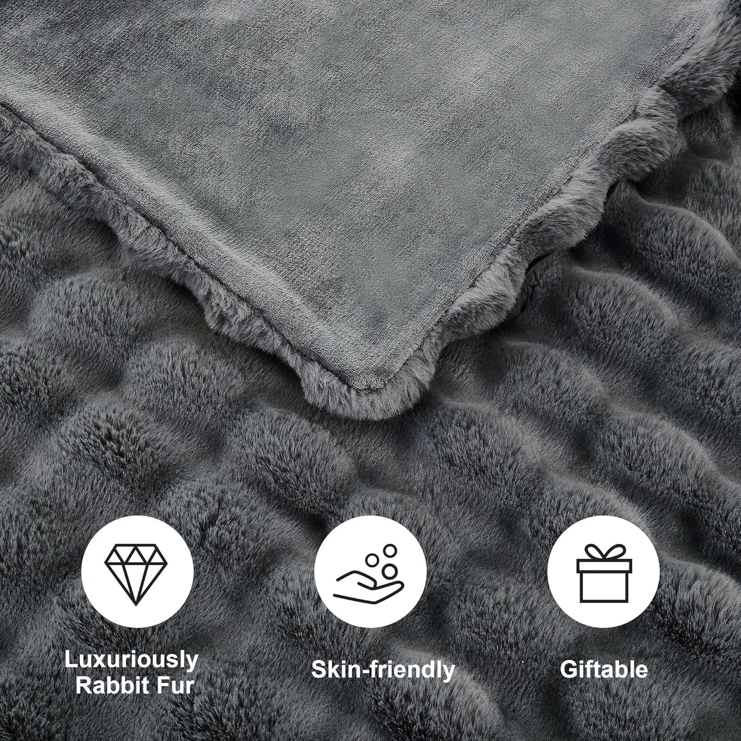 DREAMNINE Large Soft Thick Fuzzy Bubble Faux Rabbit Fur Bed Blanket Queen Size 80" x 90",Reversible Gray Plush Big Warm Shaggy Fluffy Blankets for Sofa, Solid Luxury Cozy Cute Bumpy Furry Blanket,Grey