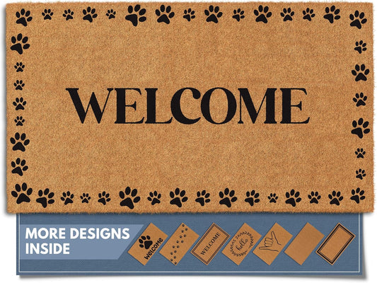 Barnyard Designs Natural Coco Coir Heavy Duty Backing Doormat - Large Cute Non-Slip Front Door Welcome Mat for Outside Entrance or Porch Entry, Brown (17x30, Welcome Paws)