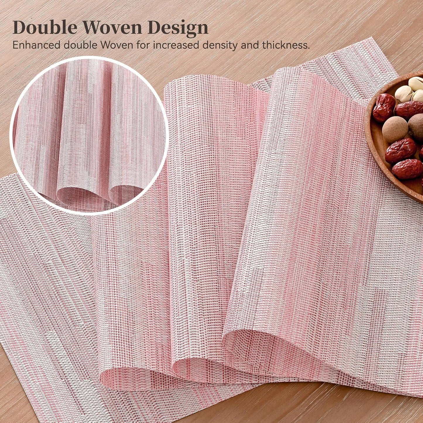 Leetaltree Misty Rose Placemats Set of 6 - Heat Resistant Non-Slip Place mats for Dining Table, Washable Durable PVC Vinyl Woven Table Mats（Misty Rose, 6）