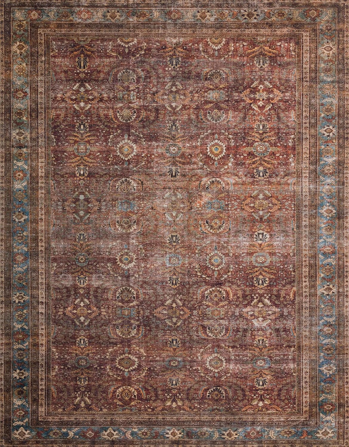 Loloi Layla Collection LAY-01 Brick/Blue 5'-0" x 7'-6" .13" Thick Area Rug, Soft, Durable, Vintage Inspired, Distressed, Low Pile, Non-Shedding, Easy Clean, Printed, Living Room Rug