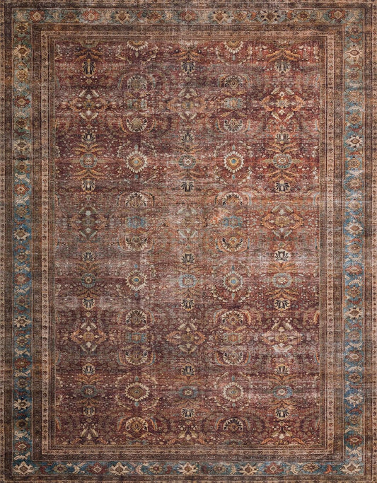 Loloi Layla Collection LAY-01 Brick/Blue 7'-6" x 9'-6" .13" Thick Area Rug, Soft, Durable, Vintage Inspired, Distressed, Low Pile, Non-Shedding, Easy Clean, Printed, Living Room Rug